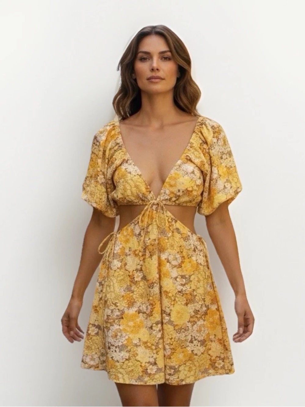 Forever 21 Yellow Floral Cutout Tie-Front Mini Dress